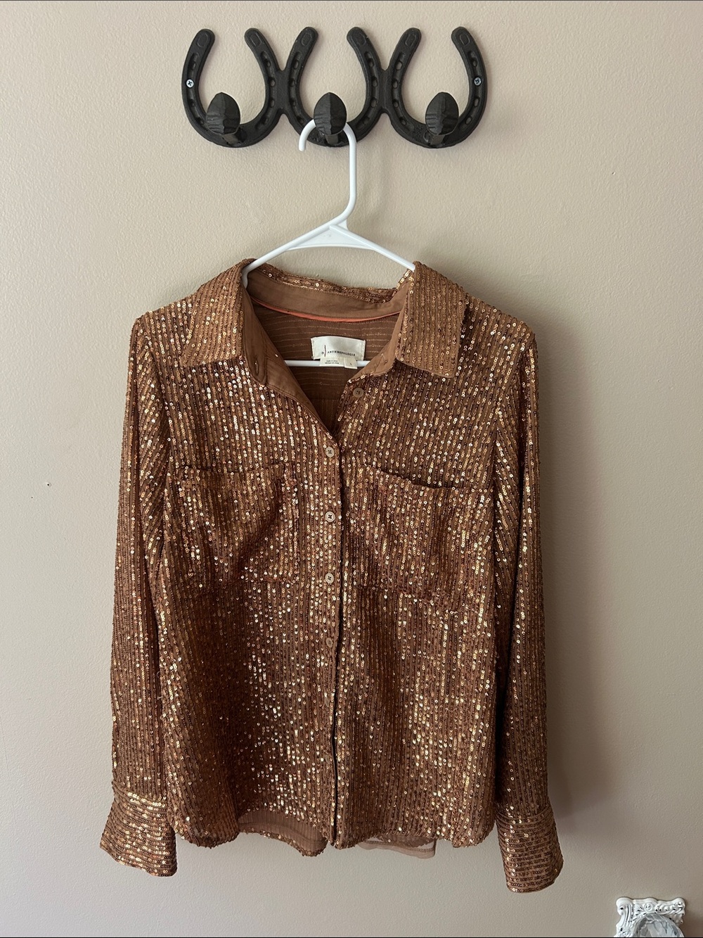 Sequin Button-Front Anthropologie Blouse in Bronze